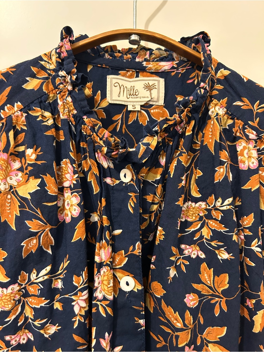 Mille Navy Floral Ruffle-Neck Blouse - Navy & Mustard